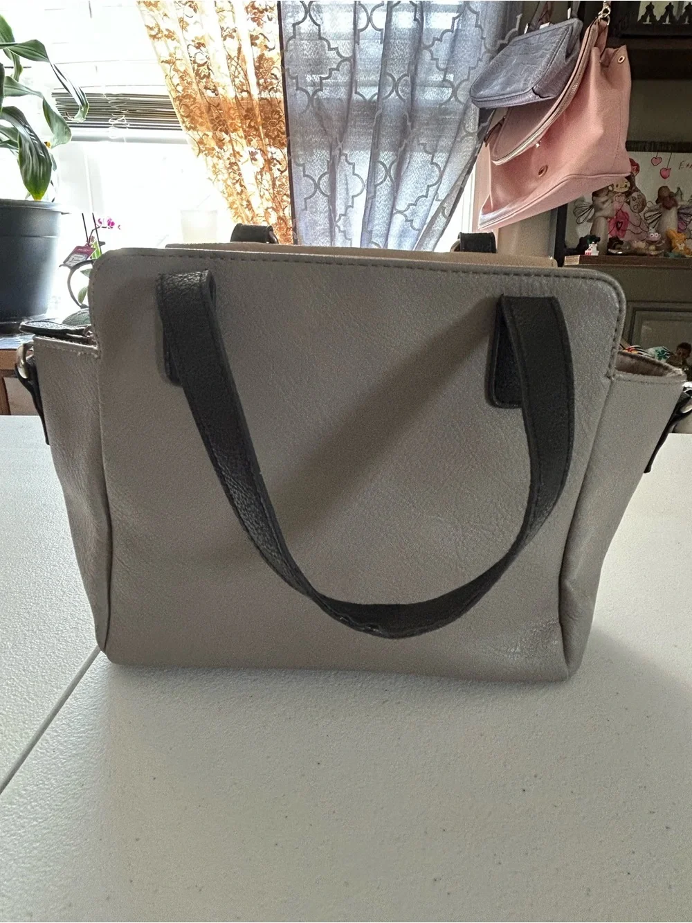 Rosetti Taupe Satchel with Black Straps and Gray Sides
